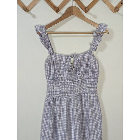 WAYF Smocked Waist Purple Gingham Checkered Mini Dress - Size M - Picture 2 of 9
